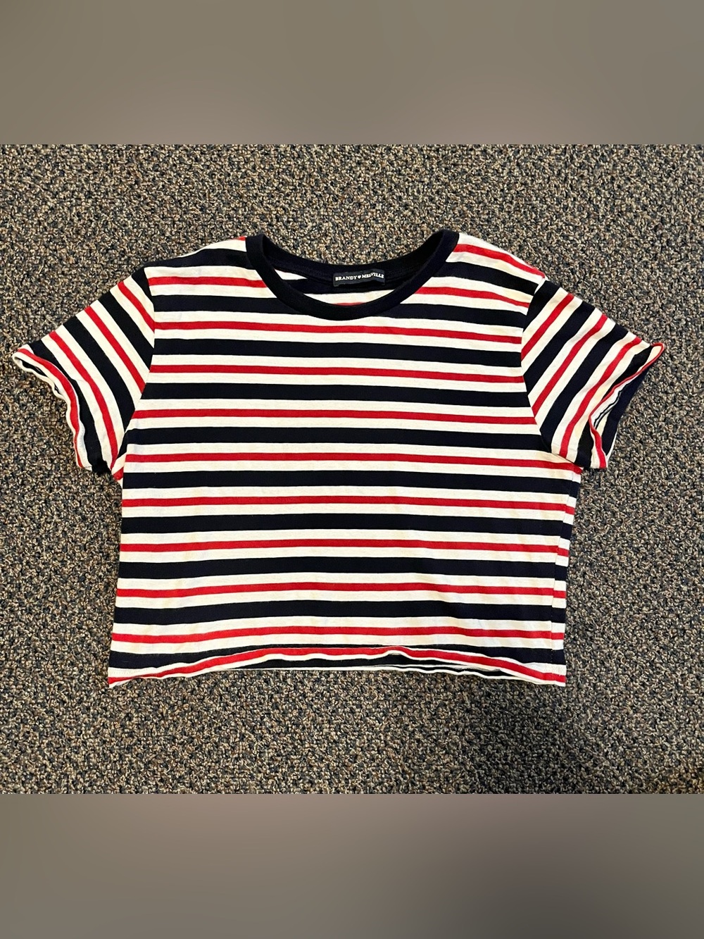 Brandy Melville Red, Black & White Striped Crop Tee